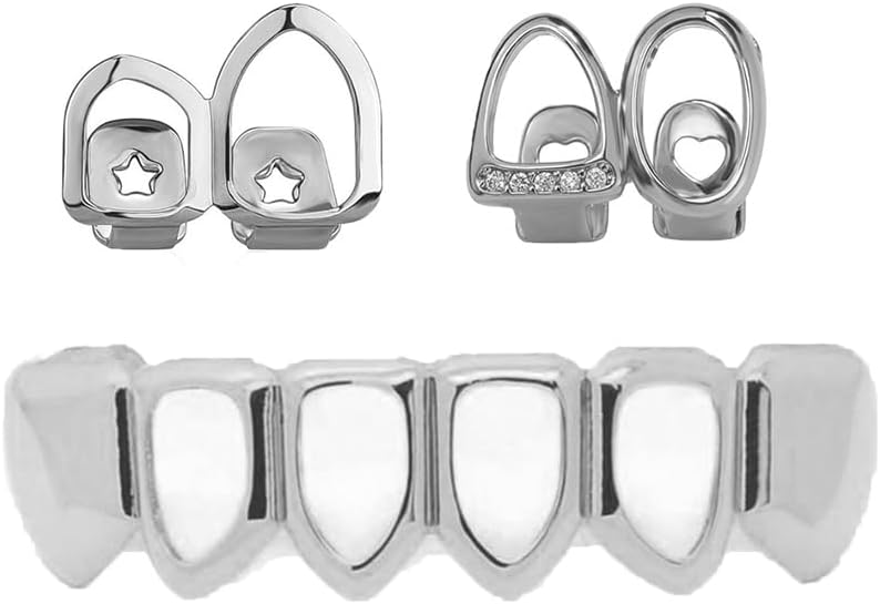 3PC Gold Hip Hop Teeth Grillz for Men Women Punk Style Rapper Teeth Grillz Teeth Caps Top Bottom Set Removable Cz Star Heart Mouth Grills Christmas Party Costume Jewelry